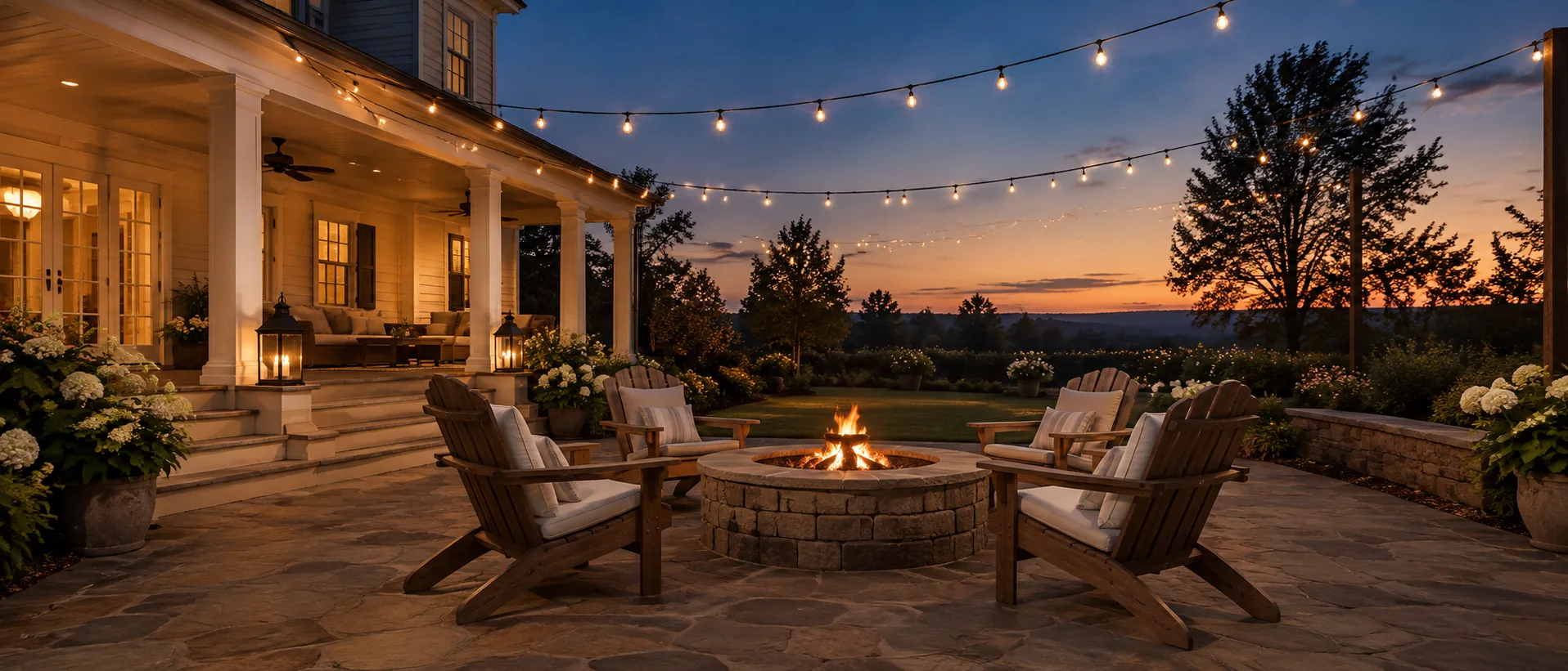 Back porch at dusk with four chairs around a stone fire pit under string lights