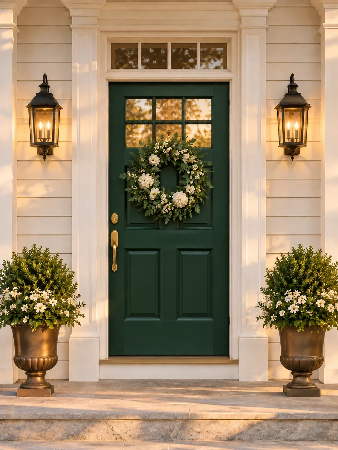 Deep green front door with a white-flower wreath between two glowing lanterns