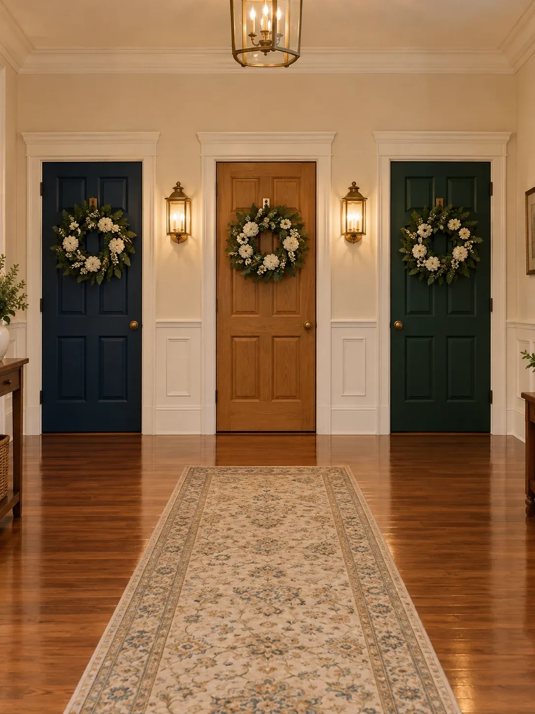 A warm foyer with three doors side by side, navy, warm oak and deep green, each with a white-flower wreath