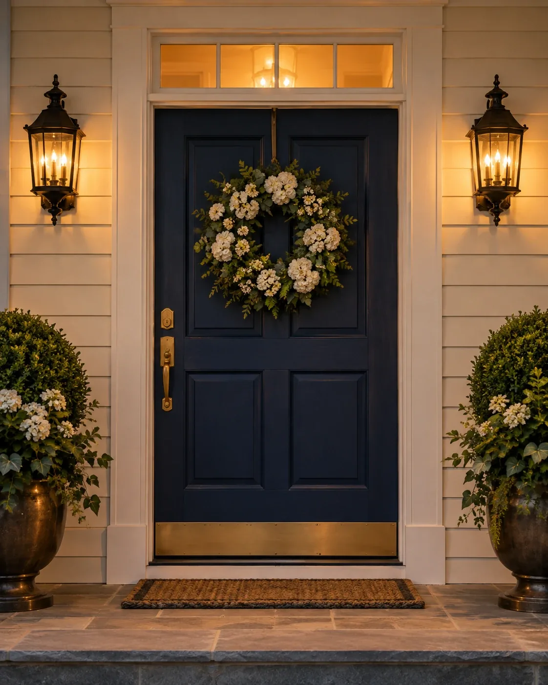 Navy front door with a white-flower wreath and a glowing lantern in the early evening light