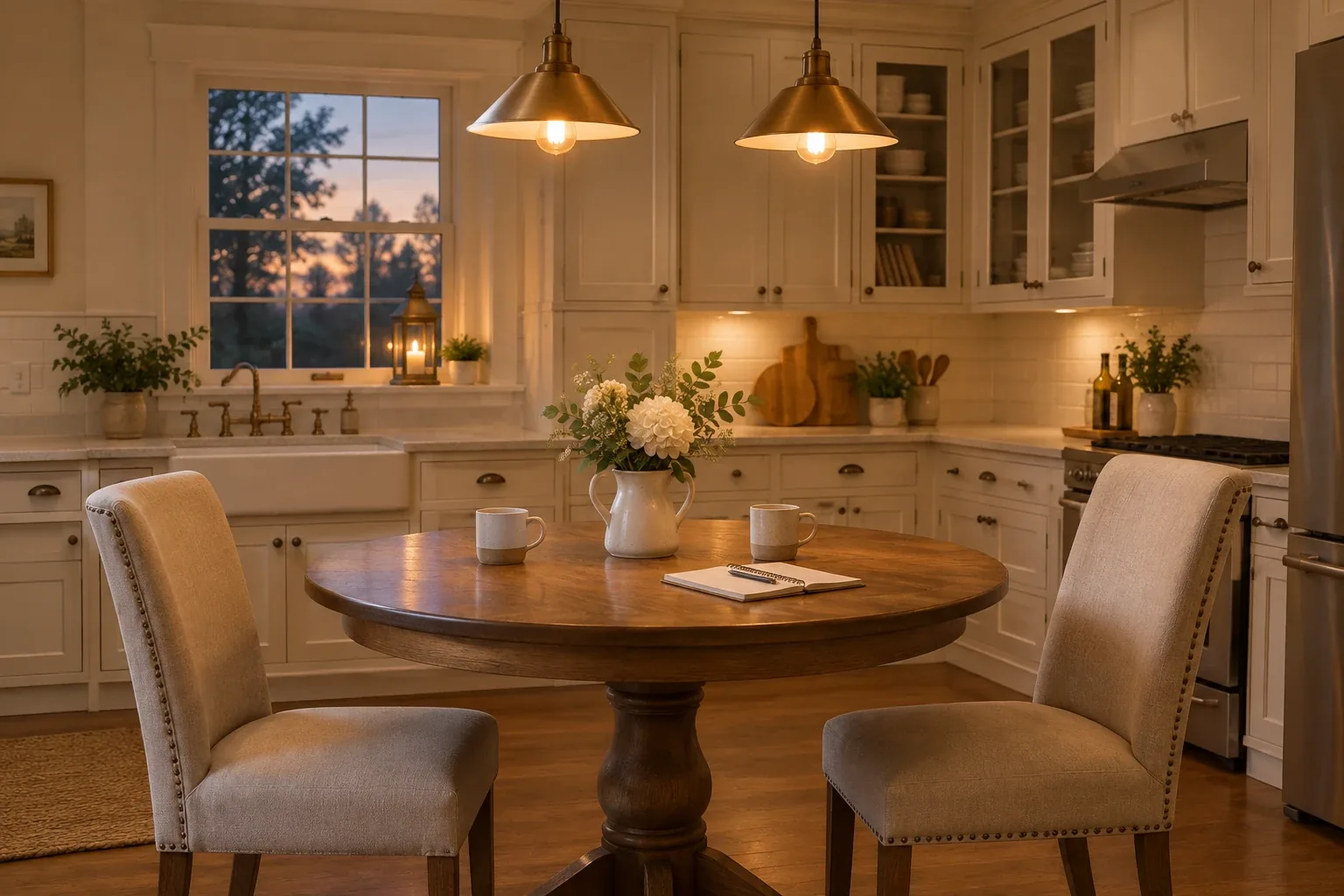 A round kitchen table set with two coffee mugs, white flowers and an open notepad under warm pendant lights